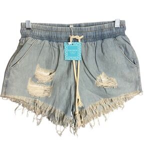 Hayden Pull On Denim Shorts Womens Sz M Blue Distressed Fray Hem NWT